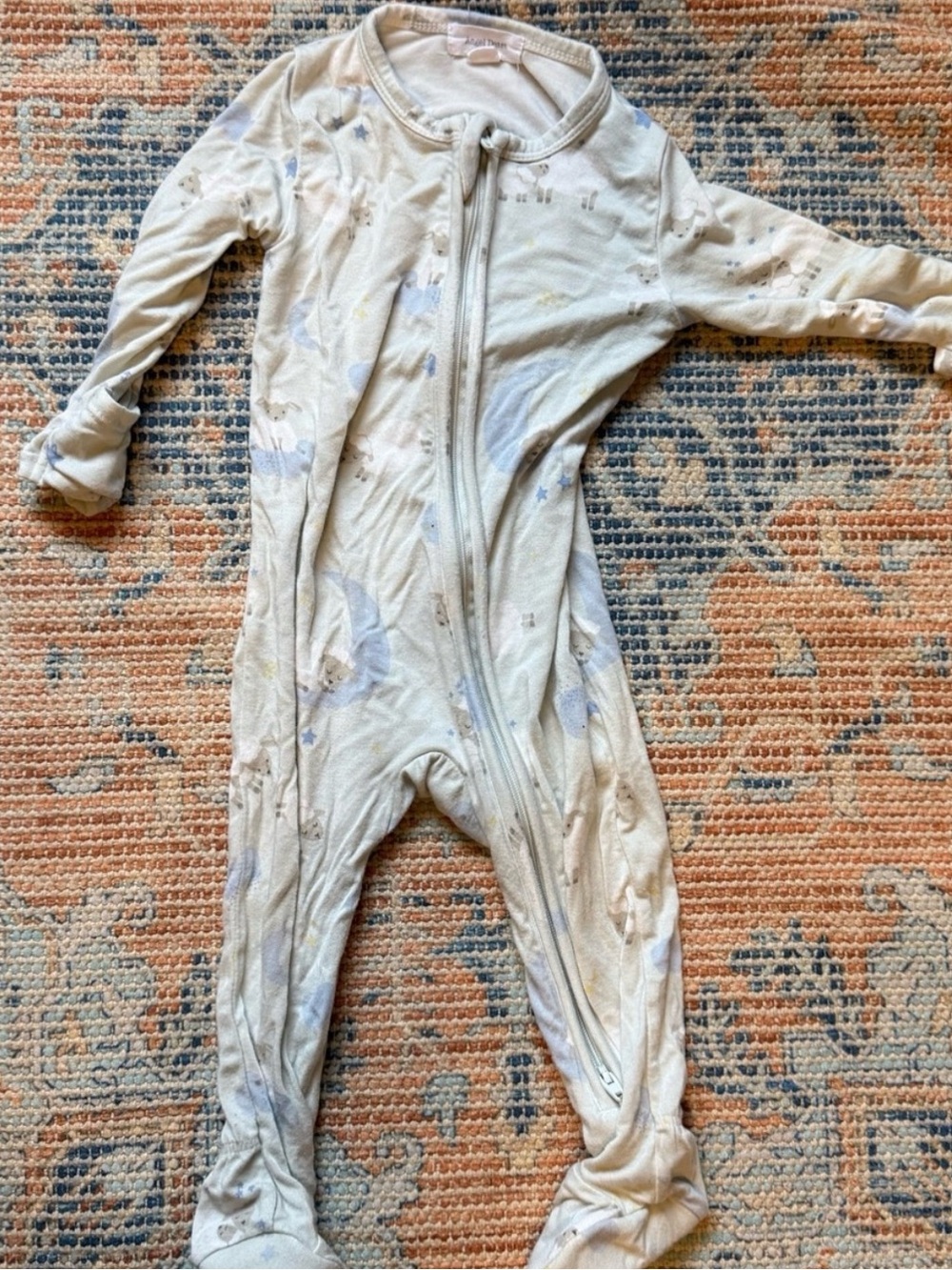 Angel Dear Moon & Star Footed One-Piece — Light Cream with Blue Accents